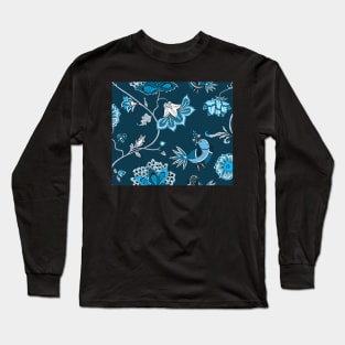 Exotic chintz with bird - blue/navy Long Sleeve T-Shirt